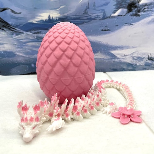 Cherry Blossom Dragon with Dragon Egg, 3D Printed Articulated Dragon, 12" Pink and White Dragon, Fidget ADHD Sensory Toy