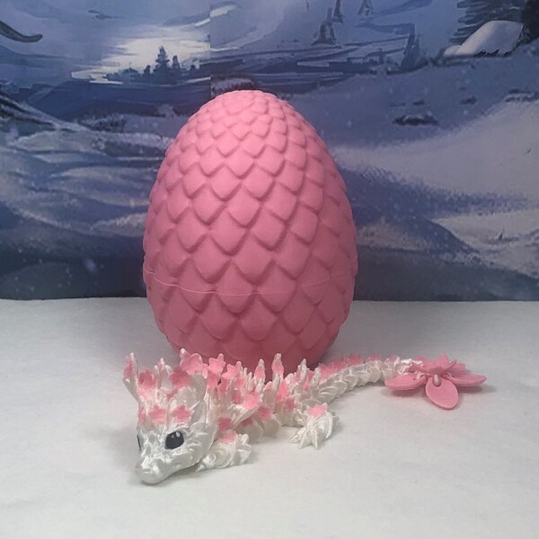 Cherry Blossom  Baby Dragon with Dragon Egg, 3D Printed Articulated Dragon, 6" Pink and White Baby Dragon, Fidget ADHD Sensory Toy