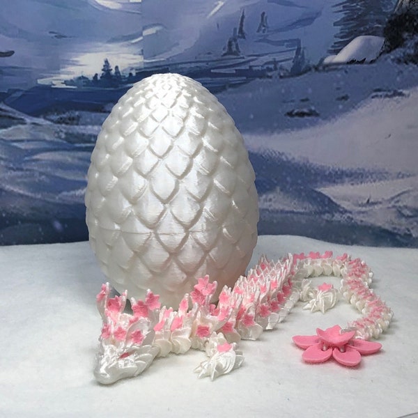 Cherry Blossom Dragon with Dragon Egg, 3D Printed Articulated Crystal Dragon, 12" Pink and White Dragon, Fidget ADHD Sensory Toy