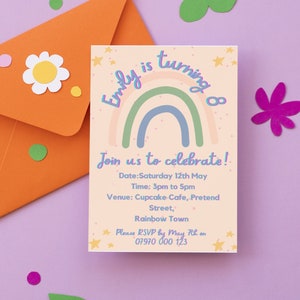 Rainbow Printable Birthday Invitation, Customisable Canva Template, Pastel Rainbow and stars design, Editable Invitation Template