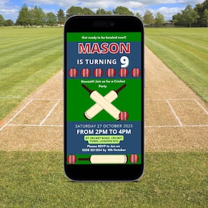 Cricket Party Geburtstagseinladung für Telefon, DIY Canva Vorlage, Cricket Fledermaus und Bälle, Sport Thema, bearbeitbare Einladung für Kinderparty