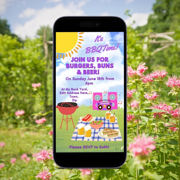 Animated BBQ Invitation for phone, Customisable DIY Canva Template, Summer Barbecue Garden Party, Editable Invite for Outdoor Party