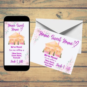 Digitale adreswijziging en afdrukbare ansichtkaart, We've Moved-bundel, Floral House Move-briefkaart en elektronische aankondiging