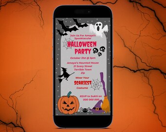 Halloween Party Invitation for phone, customisable DIY Canva Template, Spooky Theme, Editable Invite for Kids Party