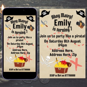 Piratenfeest verjaardagsuitnodiging voor telefoon, Piratenschatkaart uitnodigen, Ahoy Matey, bewerkbare uitnodiging voor kinderfeestje