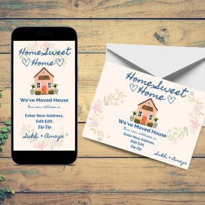 Anuncio de cambio de dirección digital y postal imprimible, paquete de mudanza, postal de mudanza de casa y anuncio electrónico