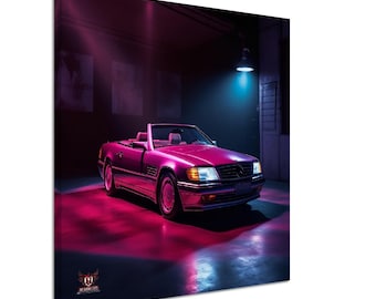 May include: A red convertible Mercedes-Benz SL 500 in a dark garage with pink and blue lighting. The car is facing the camera and has a black interior.