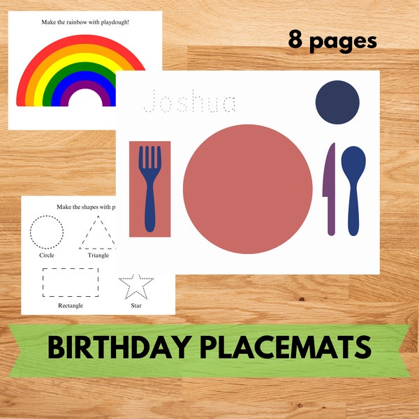 Birthday Placemat Printable Editable Name Tracing, Table Setting Cake Coloring Pages, Play Dough Mats, Letter Writing Learning Center