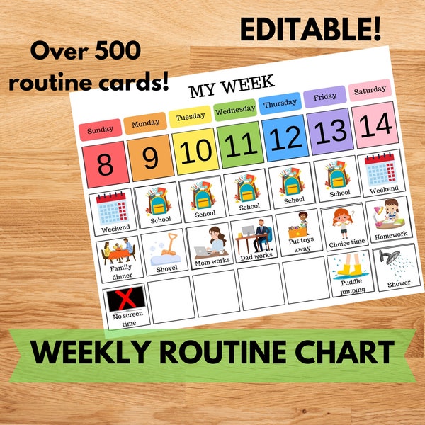 Visual Calendar Daily Routine Chart Editable, Printable Responsibility Chart Toddler PECs Card, Chore Checklist