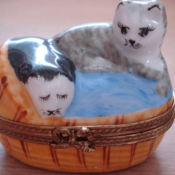 Charmante Boîte pilulier couple de chats en porcelaine de Limoges, vintage, rare, miniature