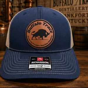 Buffalo Trace bourbon Leatherette Patched Hat, Snapback Trucker 112 Style Hat, whiskey buffalo patch hat, Bourbon lover hat, Bourbon hat.