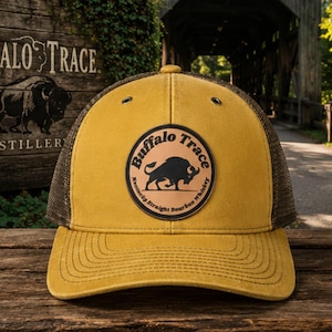 Buffalo Trace Bourbon Leatherette Patched Hat, Richardson Trucker 112WH Style Hat, bourbon buffalo patch hat, bourbon lover hat, bourbon hat