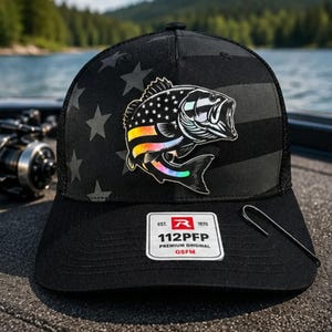 American Fishing hat with a holographic Patched Hat, Richardson 112Trucker Style Hat, America lover hat, America's 250th Anniversary hat.