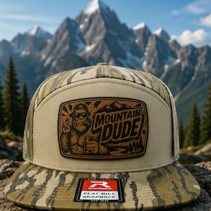 Mountain Dude Big Foot leatherette patched hat, hunting hat, flat bill snapback mens hunting hat, funny Bigfoot patched hat, gift for dad.