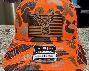 American Flag Deer Hunter Leatherette Patched Hat, Snapback Trucker 112 Style Hat, Deer hunter patch hat, Deer hunter lover hat, hunting hat