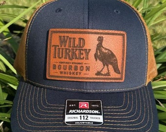 Wild Turkey Bourbon Genuine Leather Patch Hat, Snapback Trucker 112 Style Hat, bourbon turkey patch hat, bourbon lover hat, bourbon hat.