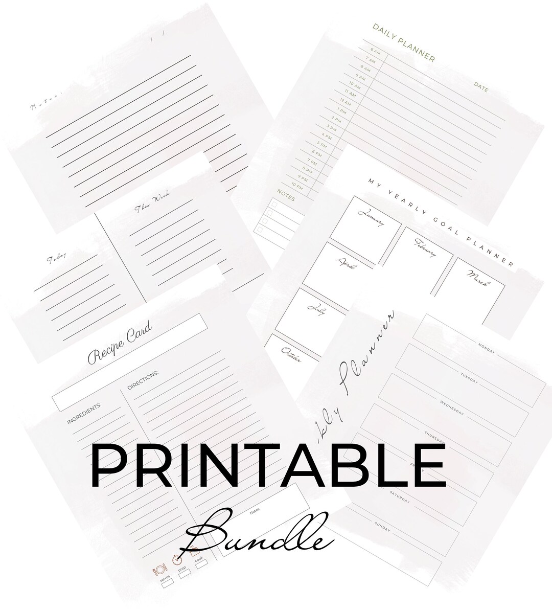 Printable Planner Bundle Daily, Weekly, Monthly, Yearly, Recipe Card