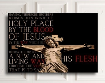 Cross of Christ wall decor gift for woman Blood of Jesus poster gift for man Spiritual Veil picture gift for pastor Verses from Hebrews art