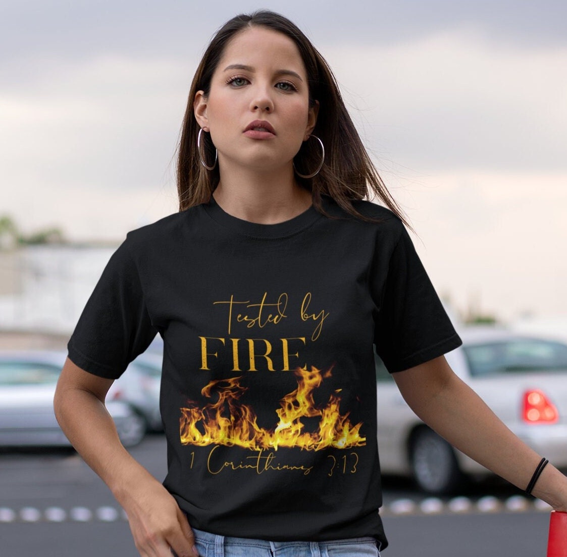 Christian Shirts, Tested by Fire Tee, Realistic Flames, Christian