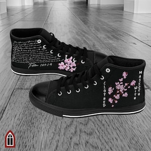 Christian shoes, high tops gift for women, Clothed with Majesty sneakers Japanese Cherry Blossom converse tennis shoes, black athletic shoes