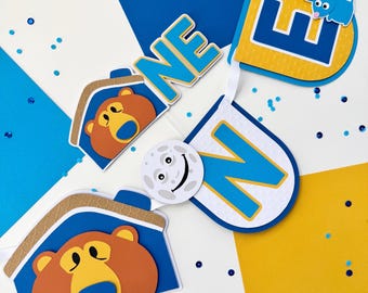Bear In the Big Blue House Inspired First Birthday Set - Bear Mini Cake Topper - Bear Highchair Banner