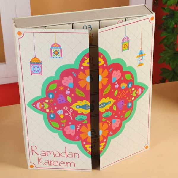 Calendario Ramadan Gardens of Faith - Calendario Ramadan con conto alla rovescia a 2 porte - Decorazione Ramadan per la casa preassemblato - Tema floreale Arte islamica