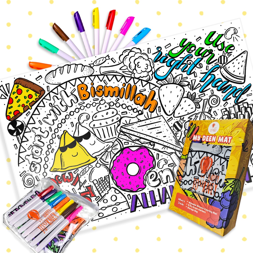 Wipeable and Reusable Islamic Silicone Coloring Placemat for Kids With 8 Dry Erase Markers