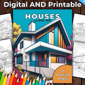 Modern Homes Adult Coloring Book, Printable PDF Coloring Book, Black and White House Themed Coloring Pages, Marketing for Real Estate Agents