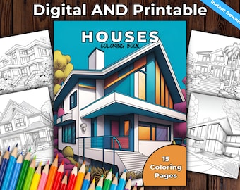 Moderne Häuser Erwachsene Malbuch, druckbare PDF-Malbuch, Schwarz-Weiß-Haus Themen Malseiten, Marketing für Makler