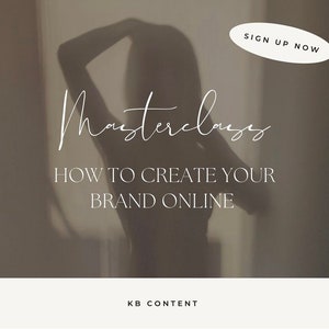 Può includere: Una grafica di testo bianca su uno sfondo marrone che recita "Masterclass: Come creare il tuo brand online". Un ovale bianco con il testo "Iscriviti ora" si trova nell'angolo in alto a destra. Il testo "KB Content" si trova al centro in basso dell'immagine.