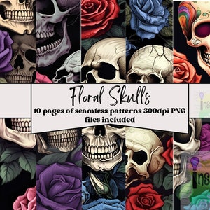 Goth Sugar Skull Halloween nahtlose Muster PNG Halloween druckbare ClipArt, digitales Papier digitaler Download, Sublimationsdesign, co