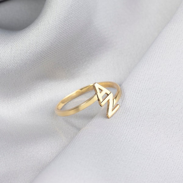 14K Solid Gold Open Initial Ring, Personalized Gold Ring Women, Double Initial Ring, Dainty Couples Letter Ring, Gift for Mom