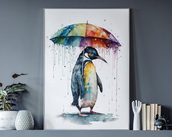 Penguin poster with umbrella rainbow lgbtq mural rain colorful watercolor animal poster cute penguin gift