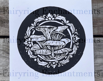 Oyster Mushrooms — Woodland Art, Hand-Printed Black Ink Illustration