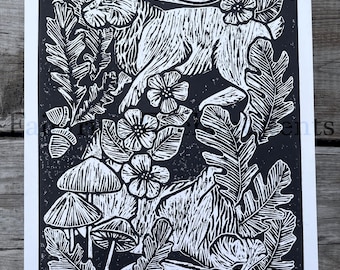Rabbits Amongst Wildflowers - Woodland Art, Hand-Printed Black Linocut Illustration