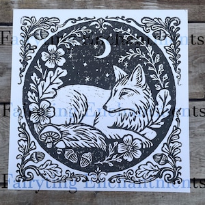 Fox Linocut Print – Hand-Printed Forest Animal Art with Ornate Woodland Border