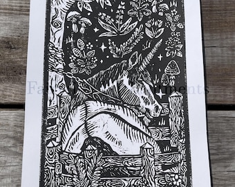 Unicorn in the Garden — Woodland Art, Hand-Printed Black Linocut Illustration