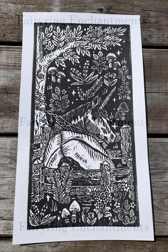 Unicorn in the Garden — Woodland Art, Hand-Printed Black Linocut Illustration