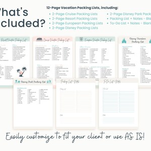 May include: A set of 12 printable vacation packing lists, including lists for cruises, resorts, European trips, and Disney destinations. The lists are organized with checkboxes and sections for different categories of items to pack. The text "What's Included?" is at the top of the image.
