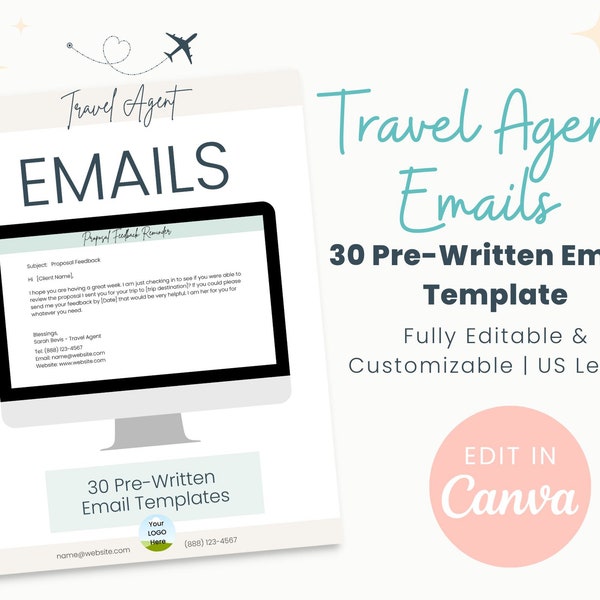 Modèles d'e-mails pré-écrits pour les agents de voyages | 30 E-mails | Courriels des agents de voyages | Modèles d'e-mails faciles à modifier | Modifier dans Canva