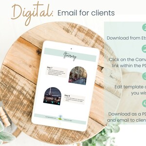 Pu&ograve; includere: Un tablet digitale che mostra un modello di itinerario stampabile per i viaggi. Il modello &egrave; progettato per essere modificato in Canva e inviato via email ai clienti. L'immagine mostra un primo piano del tablet su un tavolo di legno.
