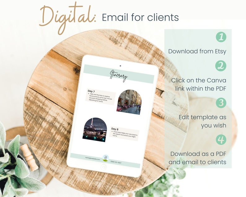 Pu&ograve; includere: Un tablet digitale che mostra un modello di itinerario stampabile per i viaggi. Il modello &egrave; progettato per essere modificato in Canva e inviato via email ai clienti. L'immagine mostra un primo piano del tablet su un tavolo di legno.