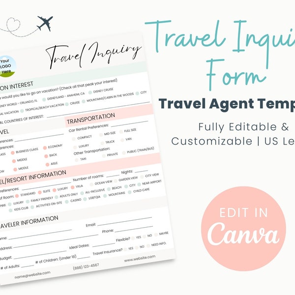 Travel Inquiry Template for Travel Agents | Travel Inquiry Form | Travel Agent Forms | Travel Agent Templates | Edit in Canva