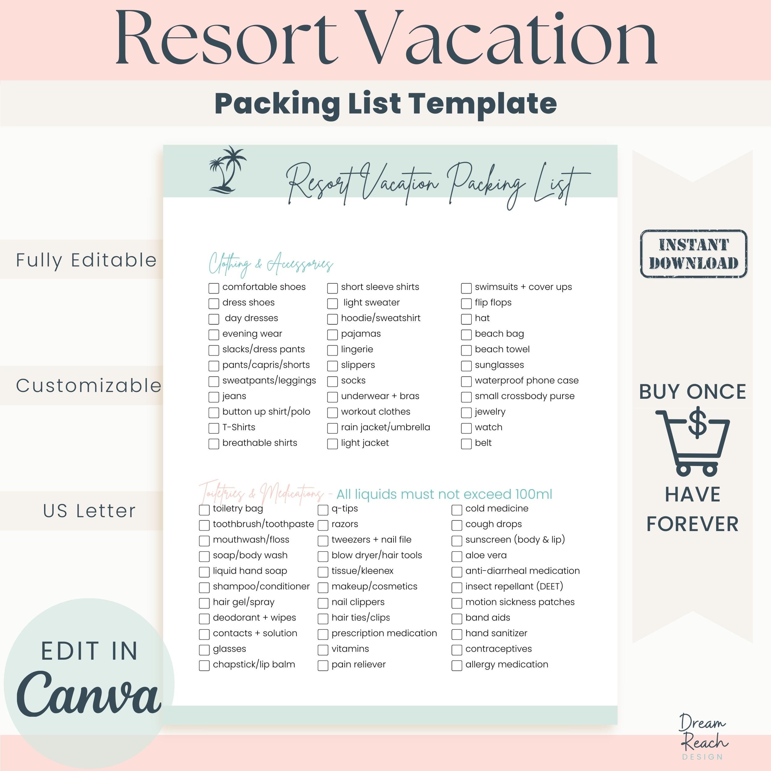 Resort Vacation Packing List Template for Travel Agents All-inclusive ...