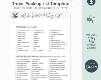 Packlista för Alaska-semester Resemall Packlistaplanerare Utskrivbar reseguide Digital nedladdning Reseguide Redigerbar i Canva