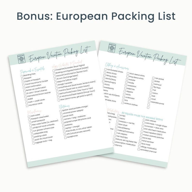 Pu&ograve; includere: Un elenco di imballaggio per vacanze europee stampabile su due pagine. La prima pagina elenca gli articoli per "Paperwork & Essentials" e "Tech & Necessities". La seconda pagina elenca gli articoli per "Clothing & Accessories" e "Toiletries". L'elenco include articoli come passaporto, assicurazione di viaggio, caricabatterie per telefono, scarpe comode e articoli da toeletta.
