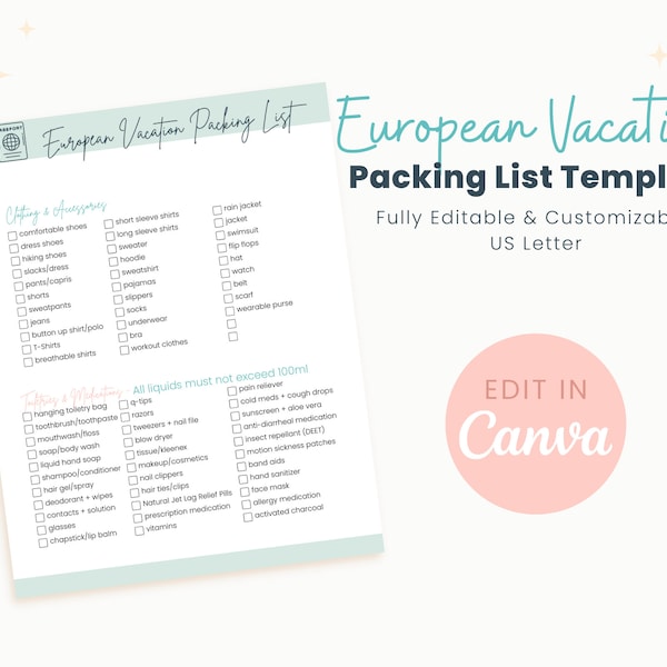 European Vacation Packing List Template for Travel Agents | Travel Agent Template | Edit in Canva | Instant Download | Digital