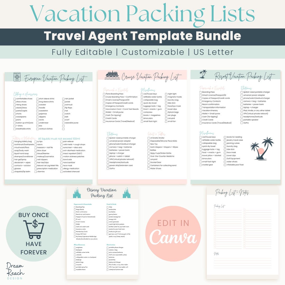 Repacking Bundle Design Packing List Template Bundle for Travel Agents Resort Honeymoon ...