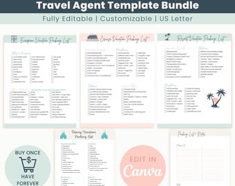 Packing List Template Bundle for Travel Agents  Resort Honeymoon  European Trip  Cruise  Orlando Theme Park Vacation  Edit in Canva