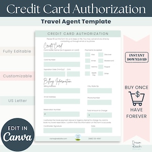 Modèle d'autorisation de carte de crédit pour les agents de voyages Formulaire de paiement de voyage Formulaires d'agent de voyages Modèles d'agent de voyages Modifier dans Canva